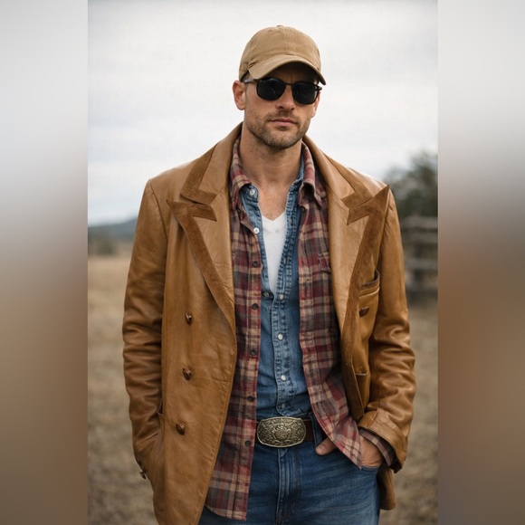 d’europa Other - Vintage 70’s Leather Western Ranch Blazer Jacket Mens 40R Medium Marlboro Style